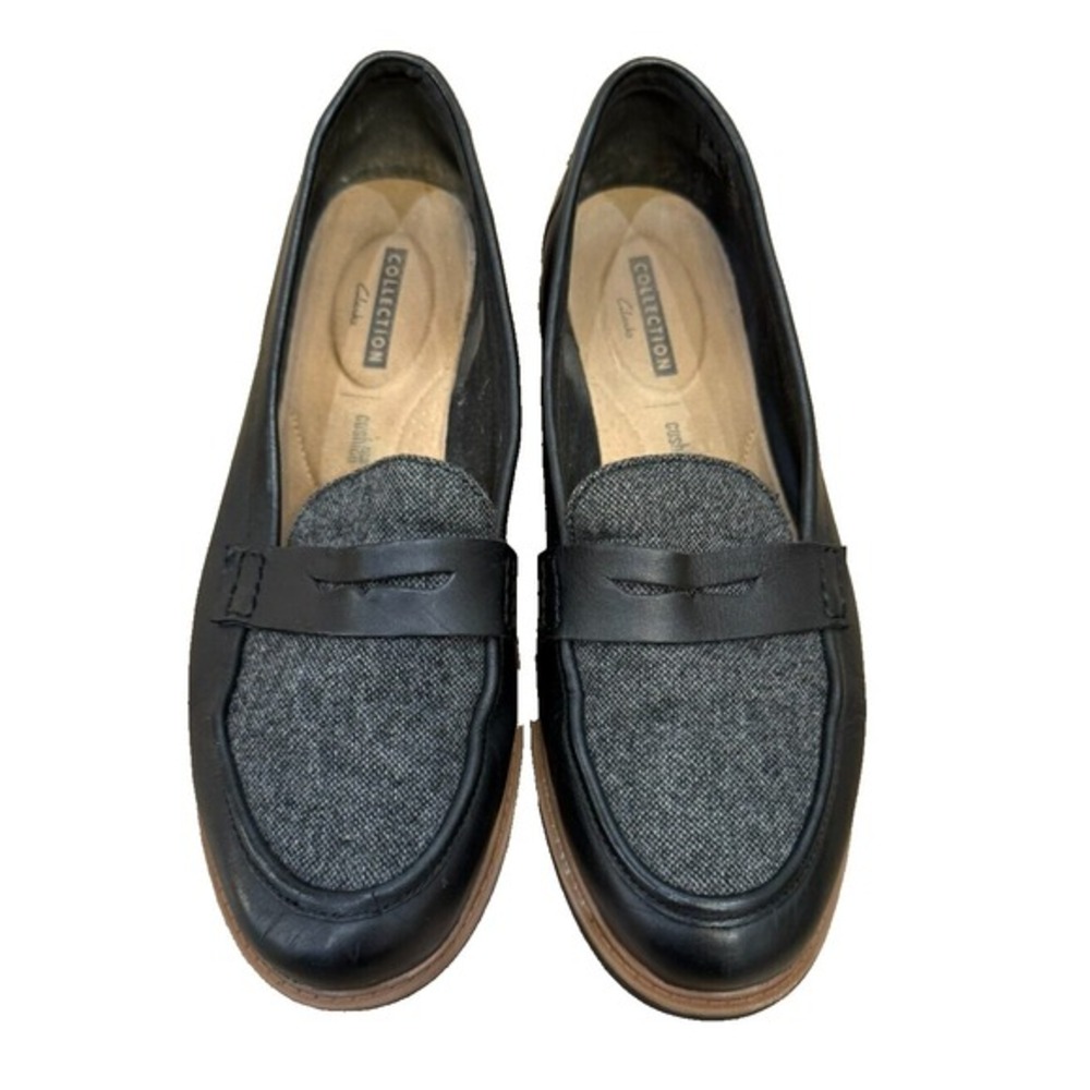 Women's Clarks Collection Soft Cushion Leather Tweed Penny Loafer Black Size 11